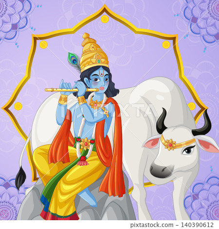 Blue Deity Playing Flute Beside Sacred White Cow Vector Illustration 140390612