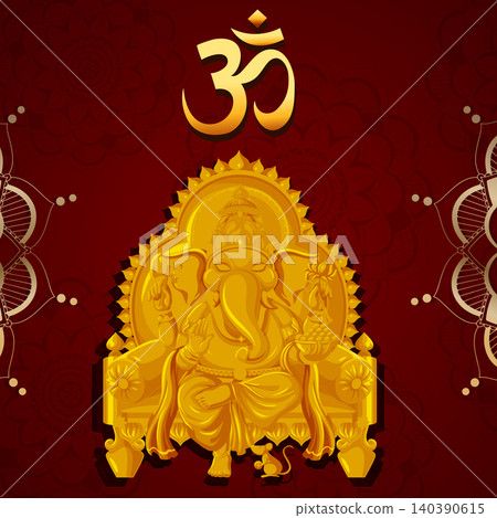 Golden Ganesha Statue with Om Symbol on Red Mandala Background Golden Ganesha Statue with Om Symbol on Red Mandala Background 140390615