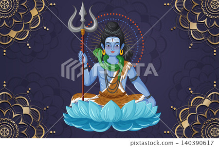 Hindu Deity Shiva Sitting on Lotus with Trident and Snake Hindu Deity Shiva Sitting on Lotus with Trident and Snake 140390617
