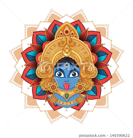 Stylized Hindu Goddess Kali Portrait with Golden Jewelry and Mandala Background Stylized Hindu Goddess Kali Portrait with Golden Jewelry and Mandala Background 140390622