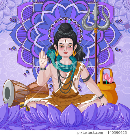 Vector Illustration of Hindu Deity Shiva Meditating on a Purple Lotus Vector Illustration of Hindu Deity Shiva Meditating on a Purple Lotus 140390623