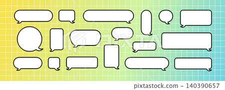 Different geometric bubble frames. Vector dialog box or game chat balloon. Cute pixel illustration for note message on grid background Different geometric bubble frames. Vector dialog box or game chat balloon. Cute pixel illustration for note message on grid background 140390657