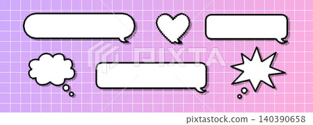 Geometric set of different dialogue boxes. Retro pixel chat or speech balloon. Cute vector message for game or think bubble. Vector illustration on grid background Geometric set of different dialogue boxes. Retro pixel chat or speech balloon. Cute vector message for game or think bubble. Vector illustration on grid background 140390658