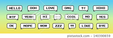 Retro game style text boxes. Pixel chat or speech balloon message. Different geometric set for dialog bubble or think cloud Retro game style text boxes. Pixel chat or speech balloon message. Different geometric set for dialog bubble or think cloud 140390659