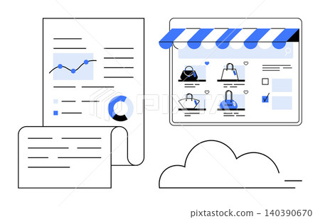 E-commerce, online shopping, data analysis, business trends, retail marketing, digital marketplace. Charts beside an online store screen. E-commerce and online shopping concepts E-commerce, online shopping, data analysis, business trends, retail marketing, digital marketplace. Charts beside an online store screen. E-commerce and online shopping concepts 140390670