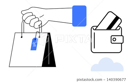 E-commerce, retail, online payment, shopping discounts, digital transactions, consumerism. Hand holding shopping bag and wallet with card. E-commerce and retail concept E-commerce, retail, online payment, shopping discounts, digital transactions, consumerism. Hand holding shopping bag and wallet with card. E-commerce and retail concept 140390677