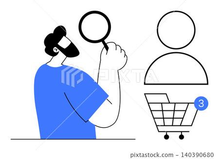 Online shopping, identity verification, search optimization, consumer behavior, digital marketing, e-commerce solutions. Person with magnifying glass, user icon and shopping cart. Online shopping Online shopping, identity verification, search optimization, consumer behavior, digital marketing, e-commerce solutions. Person with magnifying glass, user icon and shopping cart. Online shopping 140390680