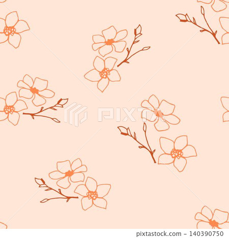 Hand-drawn vector gentle calm light seamless pattern in rural style. Simple orange sakura flowers, twigs on a pale pink background. For prints of fabric, textile products, wallpaper. Hand-drawn vector gentle calm light seamless pattern in rural style. Simple orange sakura flowers, twigs on a pale pink background. For prints of fabric, textile products, wallpaper. 140390750