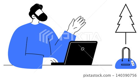Remote work, technology use, digital communication, creative thinking, modern workspace, eco-conscious design. Person at a laptop with a tree and bag. Remote work and technology use Remote work, technology use, digital communication, creative thinking, modern workspace, eco-conscious design. Person at a laptop with a tree and bag. Remote work and technology use 140390756