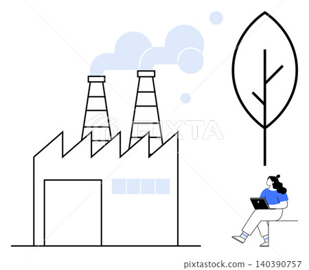 Environmental awareness, sustainability, digital transformation, industry, technology, pollution control. Factory with chimneys emitting smoke, leaf symbol person using a laptop. Environmental Environmental awareness, sustainability, digital transformation, industry, technology, pollution control. Factory with chimneys emitting smoke, leaf symbol person using a laptop. Environmental 140390757