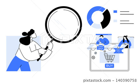 E-commerce analysis, digital marketing, data insights, consumer behavior, online shopping strategies, business optimization. Person holding magnifying glass and shopping icons. E-commerce analysis 140390758