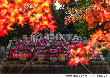 Buddha statue at graveyard by fall red maple leaf, Shinnyodo, Kyoto Buddha statue at graveyard by fall red maple leaf, Shinnyodo, Kyoto 140390771