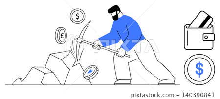 Cryptocurrency mining, digital finance, investment, blockchain technology, currency exchange, wealth generation. Miner extracting currency coins with pickaxe and digital wallet. Cryptocurrency mining Cryptocurrency mining, digital finance, investment, blockchain technology, currency exchange, wealth generation. Miner extracting currency coins with pickaxe and digital wallet. Cryptocurrency mining 140390841