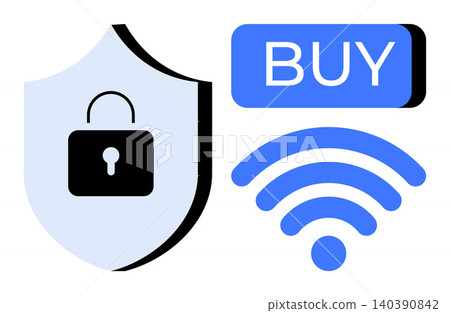 Data protection, e-commerce, wireless connectivity, online purchases, cybersecurity, secure transactions. Image features a lock on a shield and a wireless symbol with BUY. Data protection Data protection, e-commerce, wireless connectivity, online purchases, cybersecurity, secure transactions. Image features a lock on a shield and a wireless symbol with BUY. Data protection 140390842