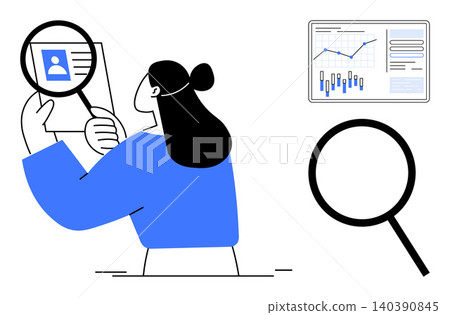 Identity verification, data analysis, research, personal information, business analytics, digital security. Person examines a profile document with magnifier and a chart. Identity verification Identity verification, data analysis, research, personal information, business analytics, digital security. Person examines a profile document with magnifier and a chart. Identity verification 140390845