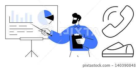 Business strategy, data analysis, communication, corporate training, sales presentation, teamwork. Man pointing at charts with a clipboard, phone icon. Business strategy and data analysis concept Business strategy, data analysis, communication, corporate training, sales presentation, teamwork. Man pointing at charts with a clipboard, phone icon. Business strategy and data analysis concept 140390848