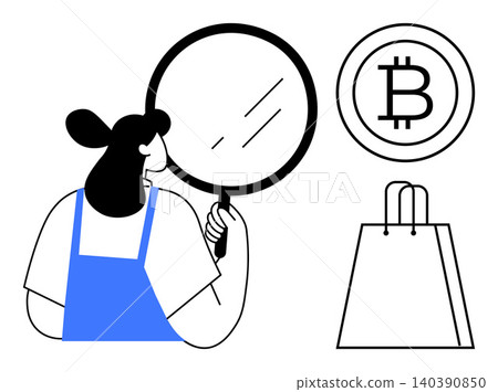 Cryptocurrency, e-commerce, financial analysis, digital currency, online shopping, investment. Woman holding magnifying glass, Bitcoin symbol shopping bag. Cryptocurrency and e-commerce concept Cryptocurrency, e-commerce, financial analysis, digital currency, online shopping, investment. Woman holding magnifying glass, Bitcoin symbol shopping bag. Cryptocurrency and e-commerce concept 140390850