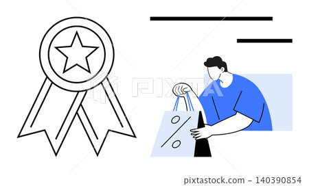 E-commerce, customer satisfaction, online shopping, discounts, quality assurance, retail. A person holds a shopping bag with a percentage symbol next to an award ribbon. Online shopping and customer E-commerce, customer satisfaction, online shopping, discounts, quality assurance, retail. A person holds a shopping bag with a percentage symbol next to an award ribbon. Online shopping and customer 140390854