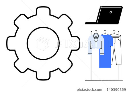 Technology integration, fashion industry, e-commerce, wardrobe management, digital solutions, business strategy. Gear symbol, laptop clothes on a rack. Technology integration and fashion industry 140390869