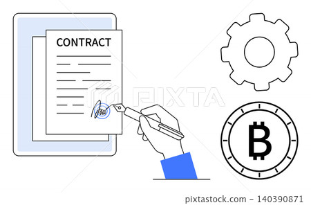 Digital contracts, blockchain technology, automation, electronic signatures, cryptocurrency, online agreements. Hand signing a contract with blockchain symbol and gear icon. Digital contracts Digital contracts, blockchain technology, automation, electronic signatures, cryptocurrency, online agreements. Hand signing a contract with blockchain symbol and gear icon. Digital contracts 140390871