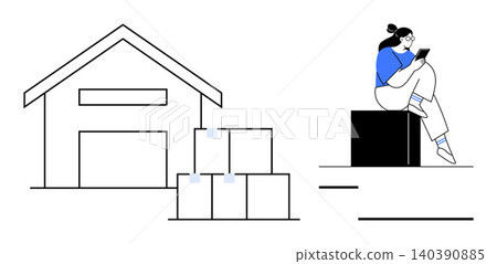 Supply chain, inventory management, remote work, digital communication, logistics, warehouse operations. Warehouse with boxes, person using tablet. Supply chain and inventory management concept Supply chain, inventory management, remote work, digital communication, logistics, warehouse operations. Warehouse with boxes, person using tablet. Supply chain and inventory management concept 140390885