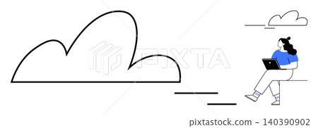 Cloud computing, remote work, online data storage, technology, modern workplace, connectivity. Woman sitting with a laptop near abstract black-and-white cloud design. Cloud computing and remote work 140390902