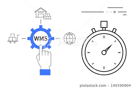 Logistics, inventory management, supply chain, time tracking, process optimization, warehouse operations. A gear labeled WMS, a hand pointing stopwatch and warehouse icons. Logistics and inventory 140390904