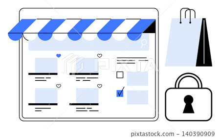 Online shopping, cybersecurity, e-commerce, secure payment gateway, data protection, retail design. Web storefront interface with shopping items, bag and lock. Online shopping and cybersecurity Online shopping, cybersecurity, e-commerce, secure payment gateway, data protection, retail design. Web storefront interface with shopping items, bag and lock. Online shopping and cybersecurity 140390909