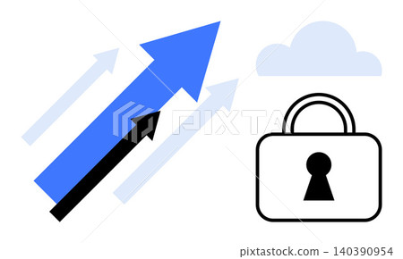 Business growth, data security, cloud computing, cyber protection, future progress, technology. Upward arrows, a padlock and a cloud. Business growth and data security concept 140390954