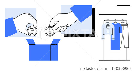 Cryptocurrency, e-commerce, online payment, donations, retail shopping, financial transactions. Hands holding Bitcoin and dollar coins over a box, and clothing racks. Cryptocurrency and e-commerce Cryptocurrency, e-commerce, online payment, donations, retail shopping, financial transactions. Hands holding Bitcoin and dollar coins over a box, and clothing racks. Cryptocurrency and e-commerce 140390965