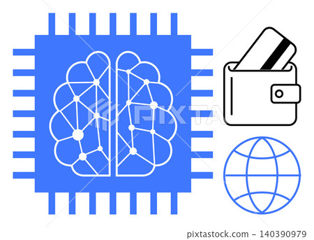 Artificial intelligence, digital payments, global connectivity, neural networks, fintech, and data security. Brain chip with neural network, wallet with card globe icon. Artificial intelligence Artificial intelligence, digital payments, global connectivity, neural networks, fintech, and data security. Brain chip with neural network, wallet with card globe icon. Artificial intelligence 140390979