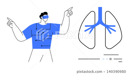 Virtual reality, healthcare, diagnostics, medical technology, innovation, pulmonary health. Person wearing VR gear pointing, lung diagram showing respiratory system. Virtual reality and healthcare Virtual reality, healthcare, diagnostics, medical technology, innovation, pulmonary health. Person wearing VR gear pointing, lung diagram showing respiratory system. Virtual reality and healthcare 140390980
