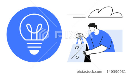 Online shopping, creative ideas, innovation, discounts, modern retail, digital marketing. Lightbulb icon next to a person with a percentage bag. Creative ideas and online shopping concept Online shopping, creative ideas, innovation, discounts, modern retail, digital marketing. Lightbulb icon next to a person with a percentage bag. Creative ideas and online shopping concept 140390981
