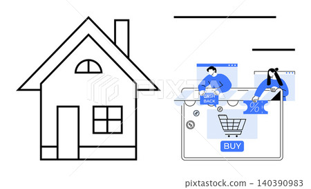 Online shopping, cashback offers, home budgeting, e-commerce, financial savings, digital marketing. A house and screen with e-commerce icons. Online shopping and cashback offers concept Online shopping, cashback offers, home budgeting, e-commerce, financial savings, digital marketing. A house and screen with e-commerce icons. Online shopping and cashback offers concept 140390983