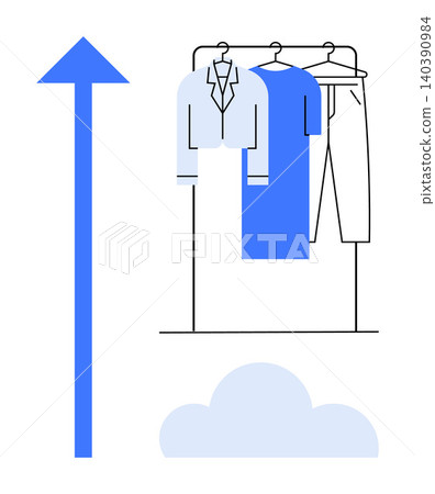 E-commerce, fashion industry, sustainability, online shopping, digital growth, cloud storage. Clothing rack with garments, blue arrow cloud element. E-commerce and fashion industry growth E-commerce, fashion industry, sustainability, online shopping, digital growth, cloud storage. Clothing rack with garments, blue arrow cloud element. E-commerce and fashion industry growth 140390984