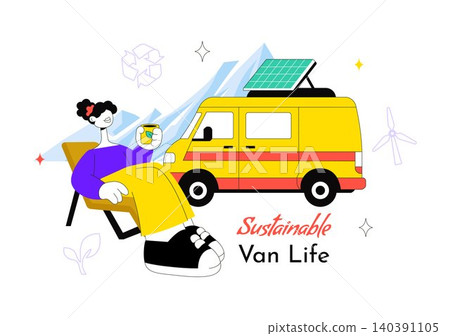 Sustainable Van Life Vector Illustration Featuring Eco Friendly Camper Van, Remote Work, Renewable Living, and Green Travel Lifestyle Sustainable Van Life Vector Illustration Featuring Eco Friendly Camper Van, Remote Work, Renewable Living, and Green Travel Lifestyle 140391105