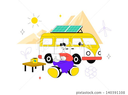 Sustainable Van Life Vector Illustration Featuring Eco Friendly Camper Van, Remote Work, Renewable Living, and Green Travel Lifestyle Sustainable Van Life Vector Illustration Featuring Eco Friendly Camper Van, Remote Work, Renewable Living, and Green Travel Lifestyle 140391108