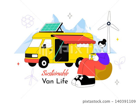 Sustainable Van Life Vector Illustration Featuring Eco Friendly Camper Van, Remote Work, Renewable Living, and Green Travel Lifestyle Sustainable Van Life Vector Illustration Featuring Eco Friendly Camper Van, Remote Work, Renewable Living, and Green Travel Lifestyle 140391109