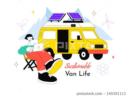 Sustainable Van Life Vector Illustration Featuring Eco Friendly Camper Van, Remote Work, Renewable Living, and Green Travel Lifestyle Sustainable Van Life Vector Illustration Featuring Eco Friendly Camper Van, Remote Work, Renewable Living, and Green Travel Lifestyle 140391111