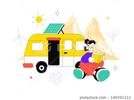 Sustainable Van Life Vector Illustration Featuring Eco Friendly Camper Van, Remote Work, Renewable Living, and Green Travel Lifestyle Sustainable Van Life Vector Illustration Featuring Eco Friendly Camper Van, Remote Work, Renewable Living, and Green Travel Lifestyle 140391112