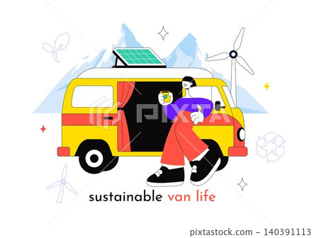 Sustainable Van Life Vector Illustration Featuring Eco Friendly Camper Van, Remote Work, Renewable Living, and Green Travel Lifestyle Sustainable Van Life Vector Illustration Featuring Eco Friendly Camper Van, Remote Work, Renewable Living, and Green Travel Lifestyle 140391113