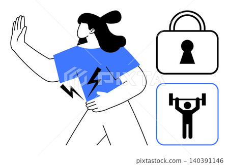 Personal safety, security, strength, empowerment, awareness, energy. Person in a defensive pose with lock and weightlifting symbols. Personal safety and security concept Personal safety, security, strength, empowerment, awareness, energy. Person in a defensive pose with lock and weightlifting symbols. Personal safety and security concept 140391146