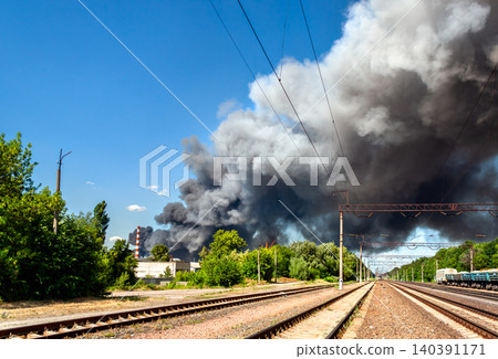 Thick black smoke rises from a major fire after an explosion near the railway tracks in Brovary near Kyiv, Ukraine Thick black smoke rises from a major fire after an explosion near the railway tracks in Brovary near Kyiv, Ukraine 140391171