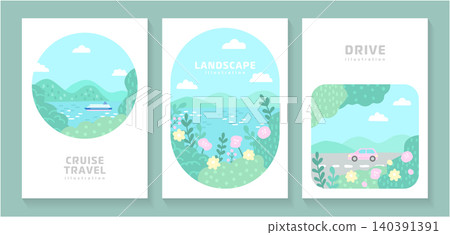 A set of three circular, horizontally oriented travel scene illustrations depicting a mint-colored seaside cruise and a flower-lined path. A set of three circular, horizontally oriented travel scene illustrations depicting a mint-colored seaside cruise and a flower-lined path. 140391391
