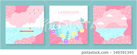 A set of three gentle pastel landscape illustrations in a horizontal frame composition, depicting a pink beach and flowers. A set of three gentle pastel landscape illustrations in a horizontal frame composition, depicting a pink beach and flowers. 140391393