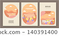 A set of three pastel travel illustrations depicting an orange-colored seaside cruise and road trip, set against a sunset backdrop. 140391400
