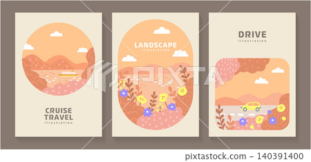 A set of three pastel travel illustrations depicting an orange-colored seaside cruise and road trip, set against a sunset backdrop. A set of three pastel travel illustrations depicting an orange-colored seaside cruise and road trip, set against a sunset backdrop. 140391400