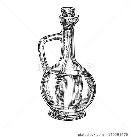 A glass transparent bottle with oil sealed with a cork. Black and white vector graphic illustration. A design element for menus, recipes, and cookbooks. For banners, flyers, packaging, labels and more A glass transparent bottle with oil sealed with a cork. Black and white vector graphic illustration. A design element for menus, recipes, and cookbooks. For banners, flyers, packaging, labels and more 140391476