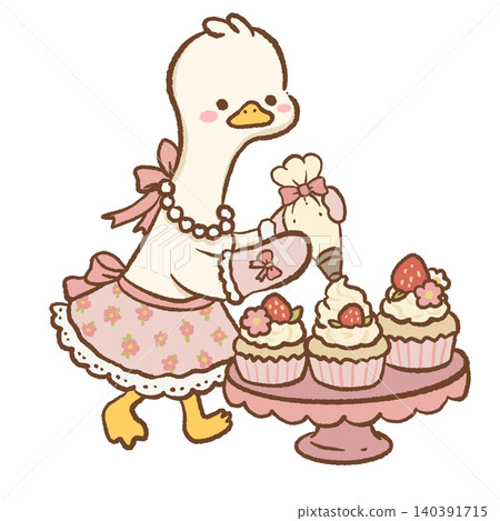 Cute Goose Piping Frosting Onto Strawberry Cupcakes On Elegant Dessert Stand Sweet Bakery Birthday Tea Party Illustration Cute Goose Piping Frosting Onto Strawberry Cupcakes On Elegant Dessert Stand Sweet Bakery Birthday Tea Party Illustration 140391715