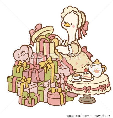 Cute Goose Opening Presents Beside Tea And Cake At Elegant Birthday Celebration Pastel Coquette Party Character Illustration Cute Goose Opening Presents Beside Tea And Cake At Elegant Birthday Celebration Pastel Coquette Party Character Illustration 140391726